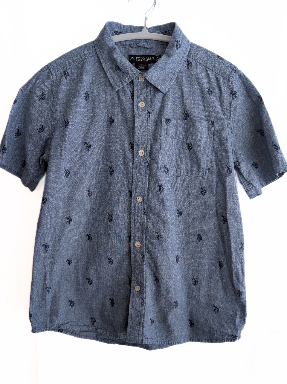 EUC Boy's US Polo Assn Short-Sleeve Button Down Shirt, Blue, 100% Cotton, XL